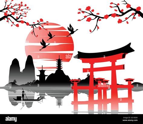 Arte Japonés Con Diseño Antiguo De La Puerta De Torii Y La Hermosa