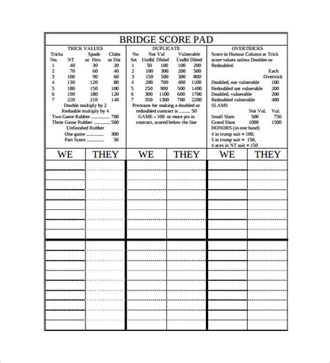 Bridge Score Sheet Printable