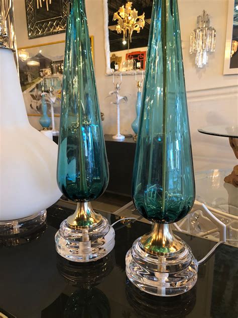 Vintage Murano Aqua Blue Glass Brass Lucite Table Lamp A Pair At