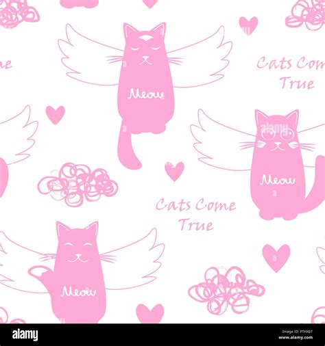 Vector Seamless Pattern With Cartoon Cats Flying Into The Heaven Cats