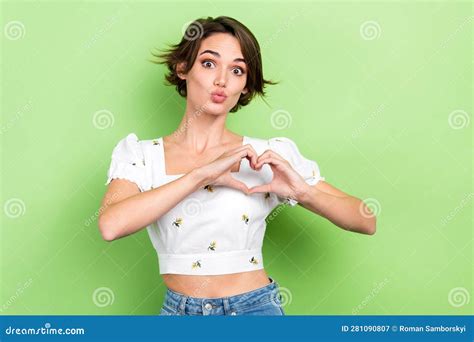 portrait of funny girlfriend showing hands heart figure sending air kiss wear vintage crop shirt