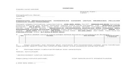 Contoh Surat Kebenaran Penggunaan Kenderaan Docx Document