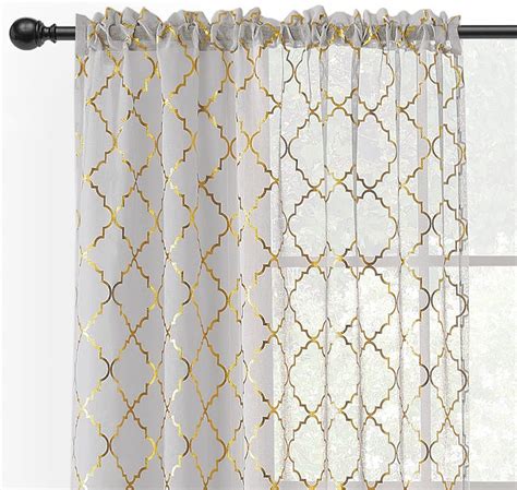 Kotile Grey Moroccan Sheer Curtains Metallic Gold Foil Geo Trellis