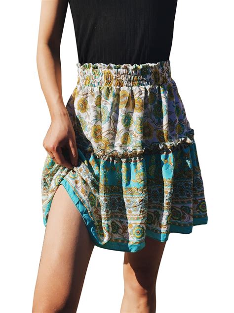 Womens Summer Boho Cute High Waist Ruffle Skirt Floral Print Swing