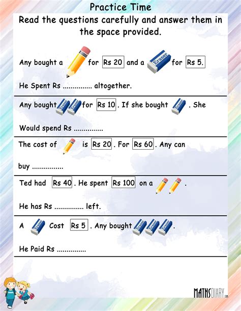 Welcome to our money worksheets for 1st grade. Statement sums of Money - Math Worksheets - MathsDiary.com