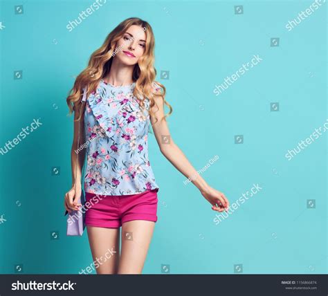 Indoor Portrait Inspired Young Woman In Studio On Pink Blonde Lady In
