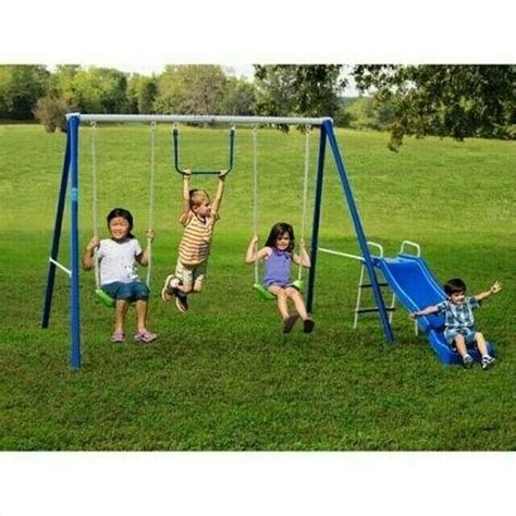 Kids Metal Swing Set Backyard Play Center With Slide Trapeze Swing