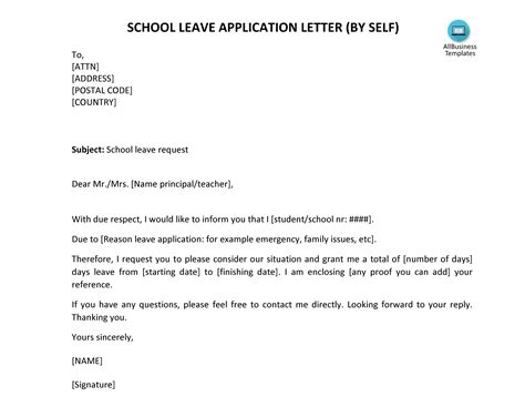 There are guidelines to follow to ensure that your letter takes the right format. School Leave Letter By Self | Templates at ...