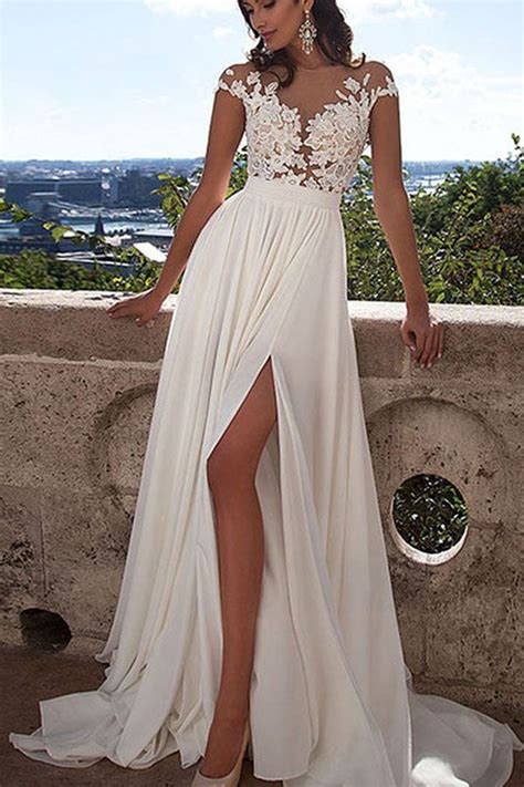 Long White Lace A Line Prom Dress Sexy Wedding Party Dress Prom Dress