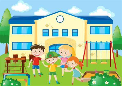 Four Students In The School Playground Stock Vector Illustration Of