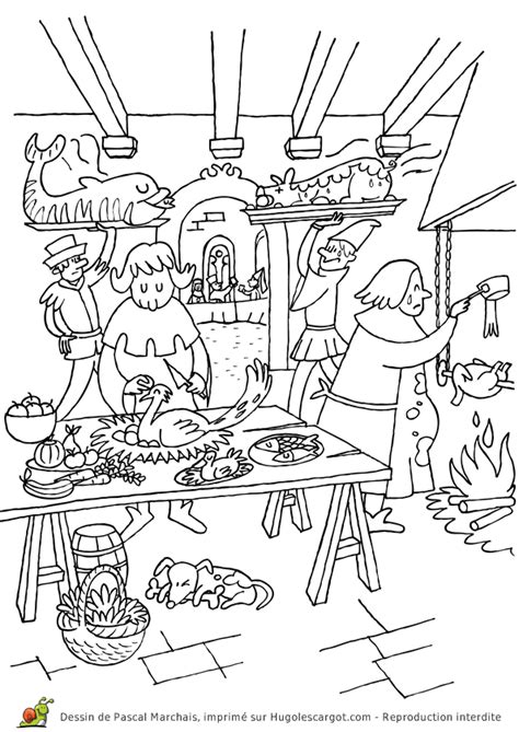 Pour travailler le moyen âge avec des élèves de maternelle ou cycle 2, voici un imagier autour de ce. Coloriage moyen age les cuisines sur Hugolescargot.com