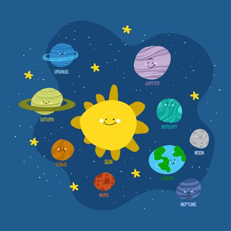 Construye tu propio sistema de cuerpos celestes y ve el ballet gravitacional. Planetas do sistema solar em estilo cartoon. | Vetor Premium