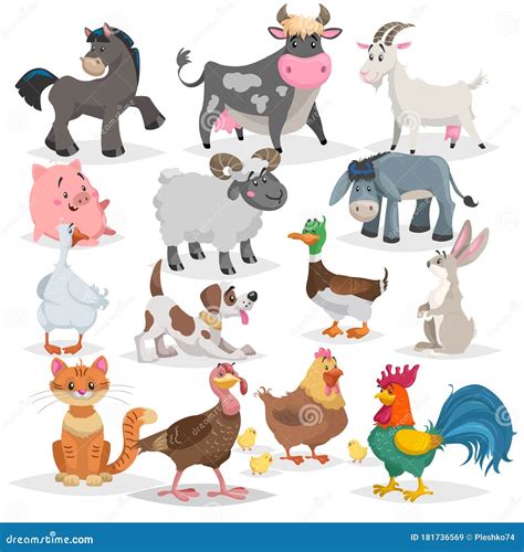 Cute Farm Animals Set Collection Of Cartoon Vector Drawings In Flat