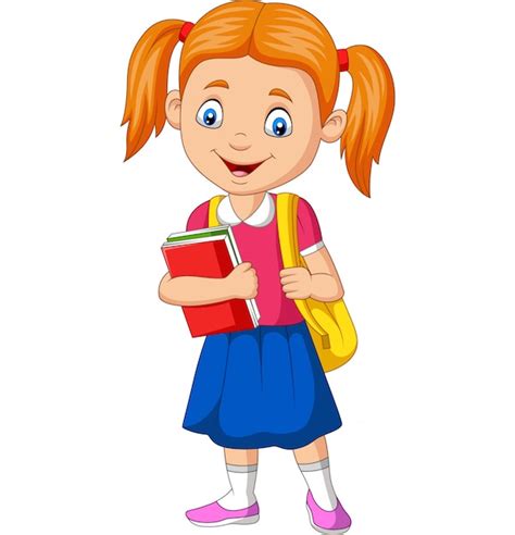 Menina Da Escola Feliz Dos Desenhos Animados Carregando O Livro E Mochila Vetor Premium