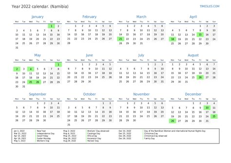 Calendar For 2022 With Holidays In Namibia Print And Download Calendar