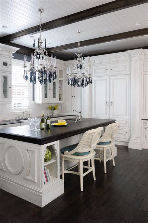 Large White Kitchen With Island Dark Wood Floors Shiplap Ceiling Dark