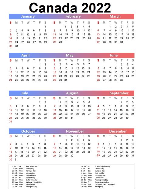 Canada 2022 Public Holidays Calendar Calendar Dream