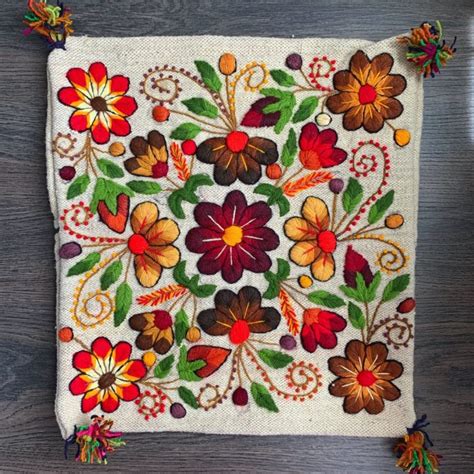 Hand Embroidered Pillow Cover Beige Color Peruvian Wool Floral