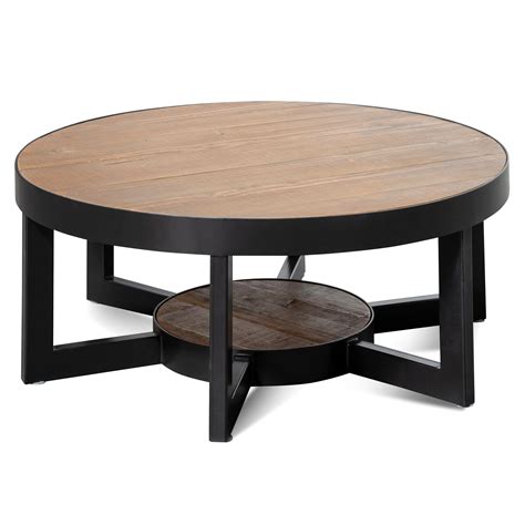 Chamber 90cm Reclaimed Pine Round Coffee Table Black Base Interior