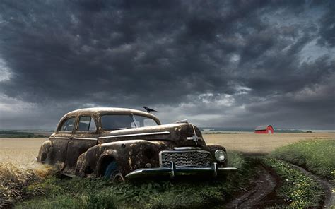 Abandoned Rusty Classic Car In A Field Hd Desktop Wallpaper
