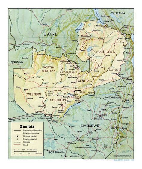 Detailed Political And Administrative Map Of Zambia With Relief Roads