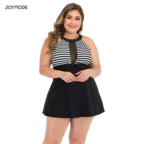 Joymode Women Plus Size Swim Dress Mesh Patchwork Two Piece Swimsuit