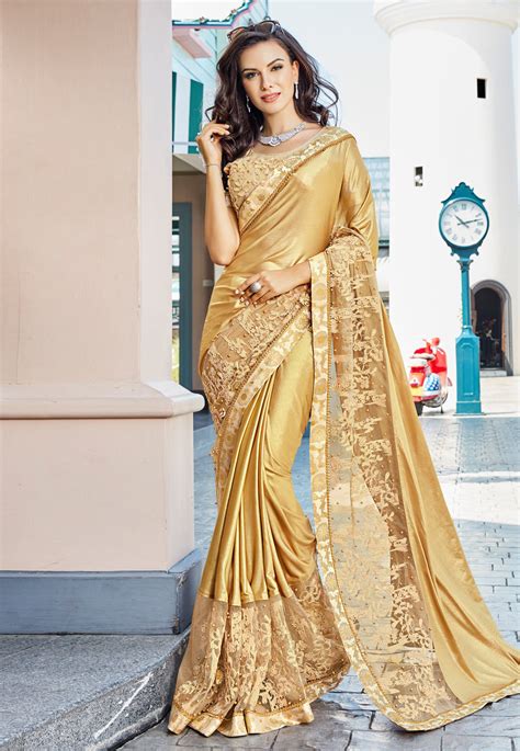 Golden Satin Embroidered Saree With Blouse 180974 Saree Wedding Sarees Online Beautiful Saree