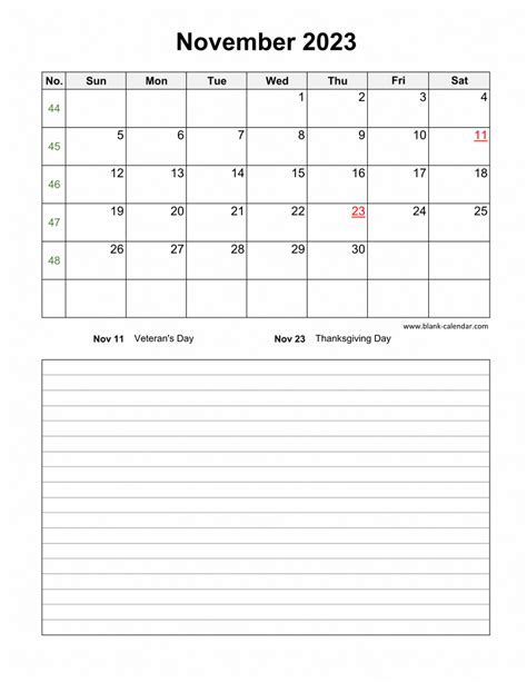 Download November 2023 Blank Calendar With Space For Notes Vertical