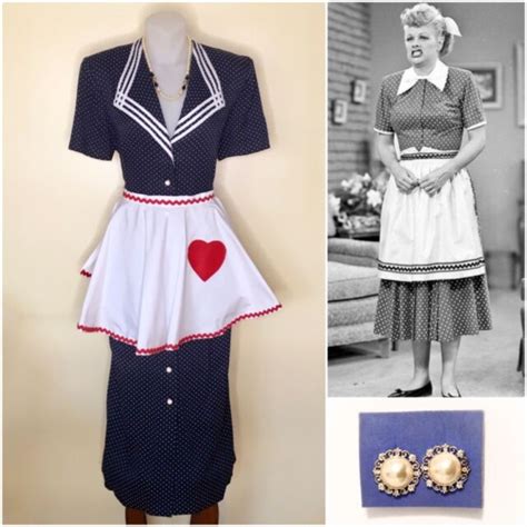 Womens I Love Lucy Costume Vintage Blue Polka Dot Dress Apron Earrings S M L Os Ebay