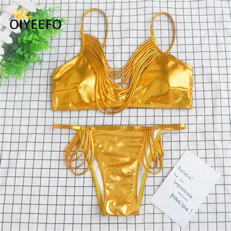 oiyeefo shiny gold silvery metallic bikini women beach may plus size swimwear female bathers