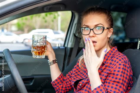 Drunken Driving Drunk Woman Drives A Car The Woman Was Caught Drinking Alcohol While Driving