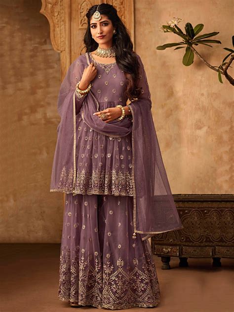 Mauve Net Designer Embroidered Suit With Palazzo Wedding Dress Material Women Cheap Dresses