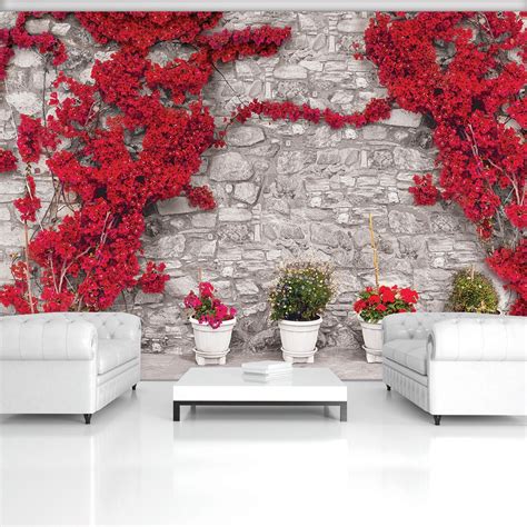 fotobehang vlies muur bloemen rood 368x254cm fotobehangart nl