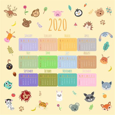 Animals Calendar 2020 Beautiful Cute Animals Flat Cartoon Characters
