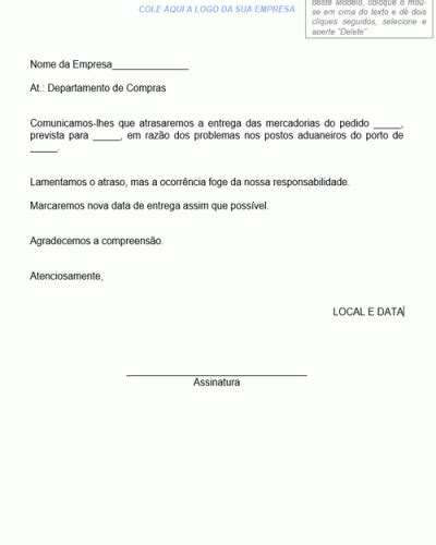 Termo Padrão De Aviso Atraso Na Entrega De Mercadoria Modelo Simples