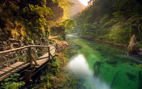 Nature Landscape River Walkway Mountain Path Forest Shrubs Sun Rays Slovenia Wallpapers