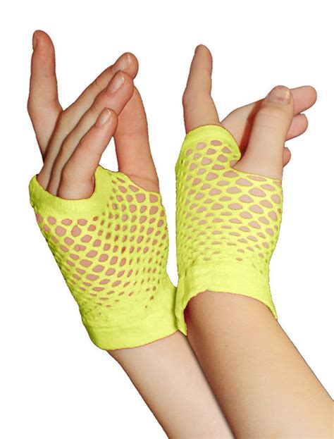 Yellow Fishnet Gloves Fingerless Wrist Length 70s 80s Women S Neon
