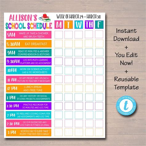 Homeschool Schedule Weekly Checklist Editable Diy