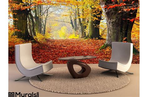 Autumn Fall Forest Path Red Leaves Towards Light Wall Mural