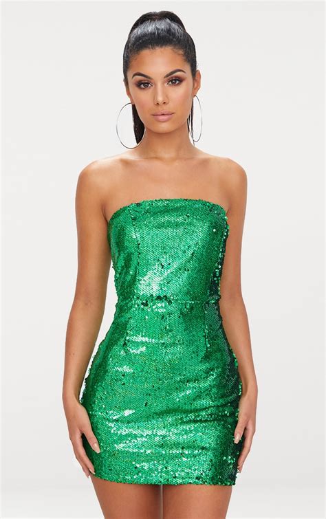 Bright Green Bandeau Sequin Bodycon Dress Prettylittlething Qa
