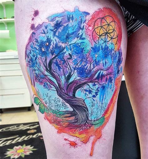 Colorful Tree Of Life Tattoo On Womans Thigh Best Tattoo