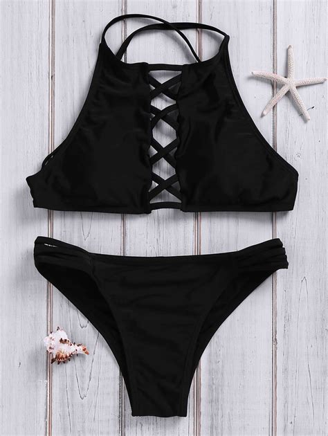 Novelty Halter Neck Lace Up Solid Color Hollow Out Bikini Set For Women Summer Bathing Suits