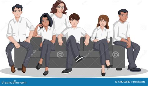 Group Of Cartoon People Seated On A Sofa Stock Vector Illustration Of