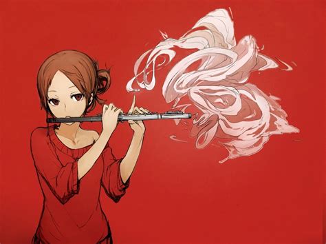 Brunette Brown Eyes Red Smoke Artwork Anime Girls