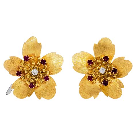 Art Deco Inspired Large Ruby And Diamond Flower Earrings In 18 Karat