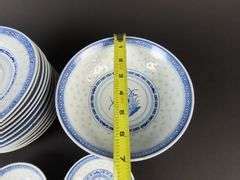 Lot Of Rice Flower Blue White Salad Plates With Bowls And