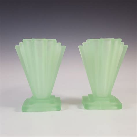 Bagley Pair Of Art Deco 4 Uranium Green Glass Grantham Vases In 2021
