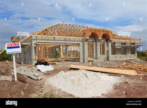 Cement Block Home Under Construction Wood Trusses Installed Sold Sign