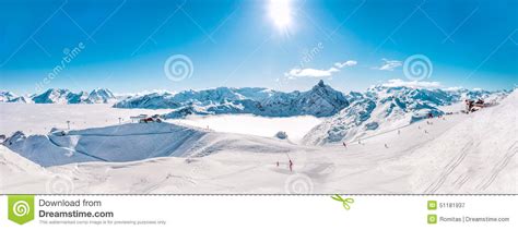 Panorama Of Mountain Range Winter Landscape In French Alps Stock Image