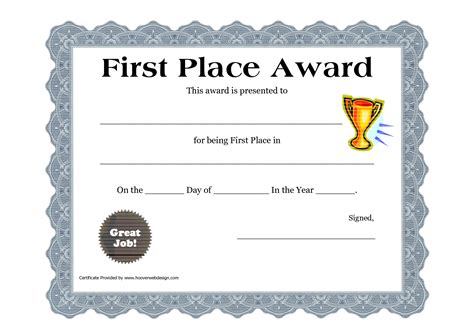 Customizable Printable Certificates First Place Award Printable
